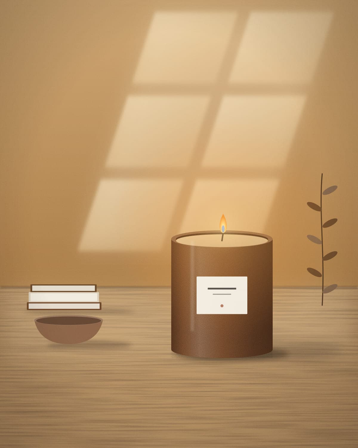 Brændt Rav candle burning on a wooden table beside linen and ceramics