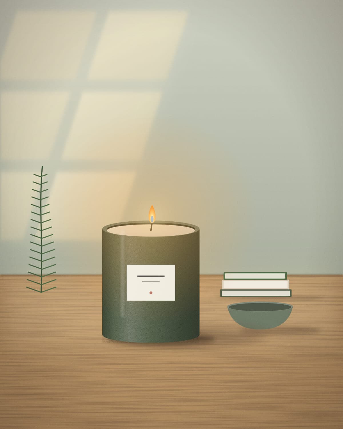 Skov candle burning on a wooden table beside linen and ceramics