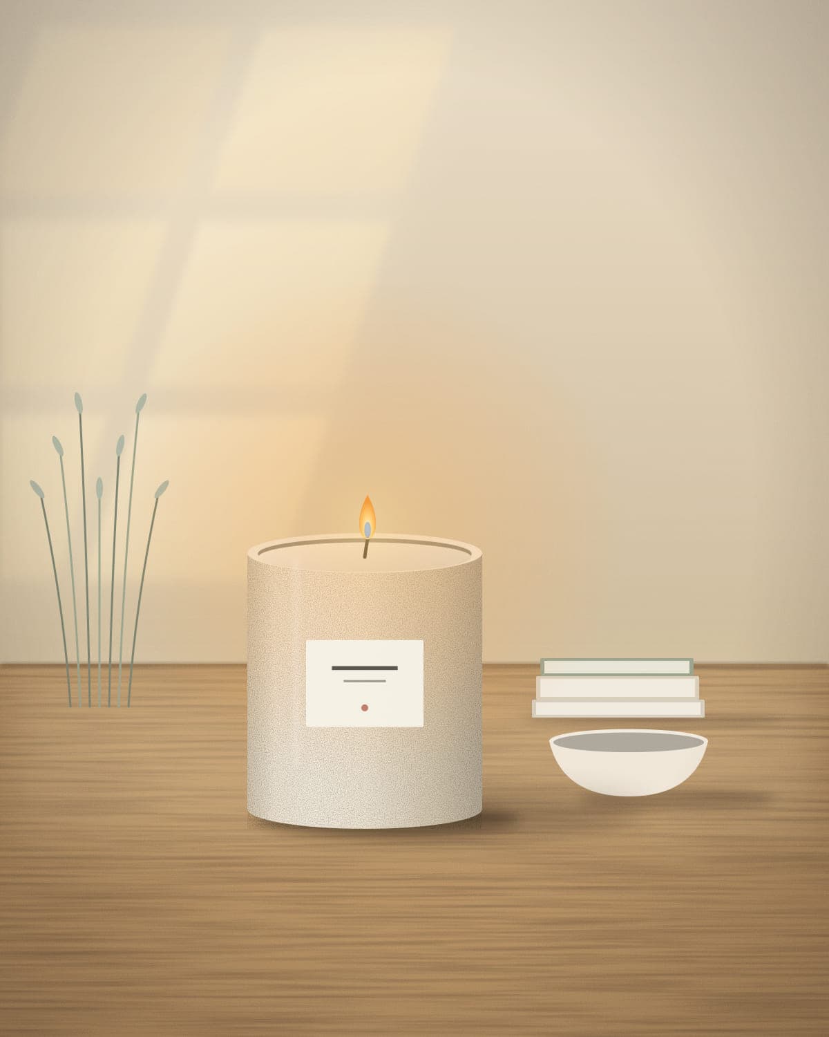 Kyst candle burning on a wooden table beside linen and ceramics